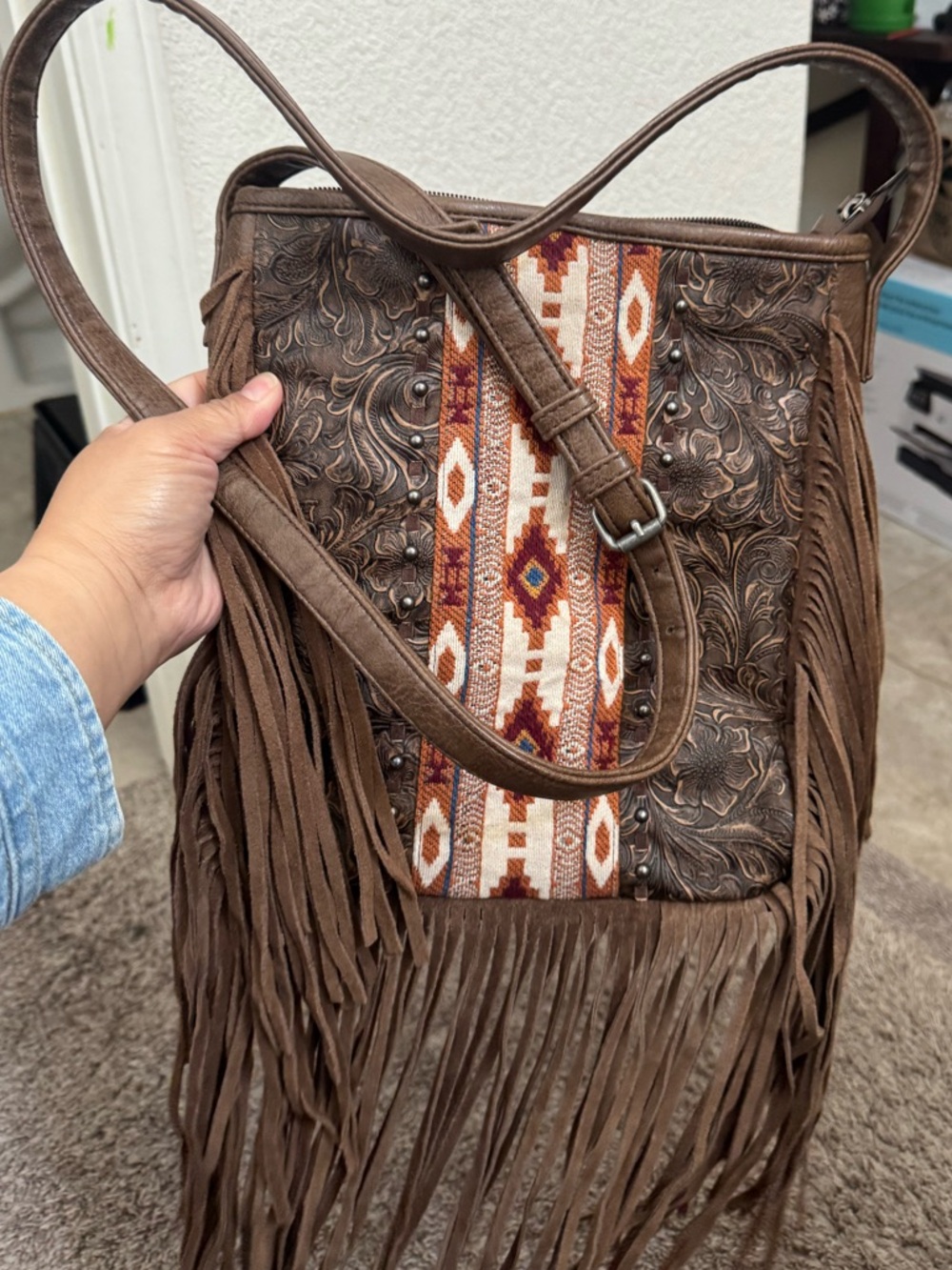 Shyanne Brown Fringe Crossbody Bag with Aztec Accent